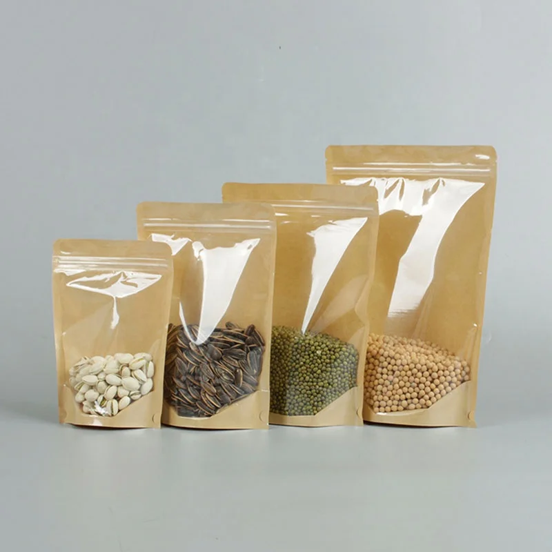 Customizable Kraft Paper Standing Bag Transparent Plastic Packaging Dried Fruit Tea Snacks Self Sealing Bag