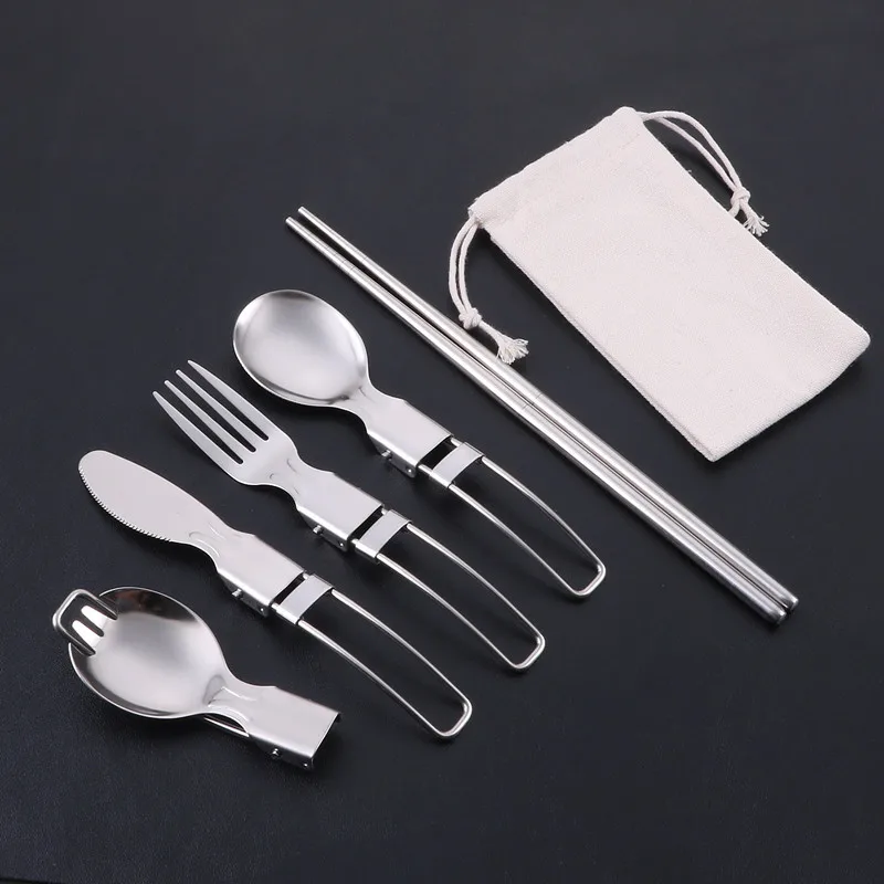3 in 1 Stainless Steel Folding Cutlery Set Portable Travel Camping Foldable Detachable Spoon Forl and Knife Cutlery Set with Bag