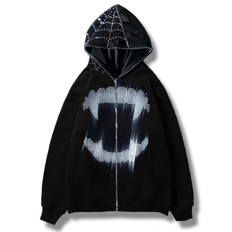 Huili OEM manufacturer hip hop dark men spider heavy weight full zip up hoodie custom rhinestone