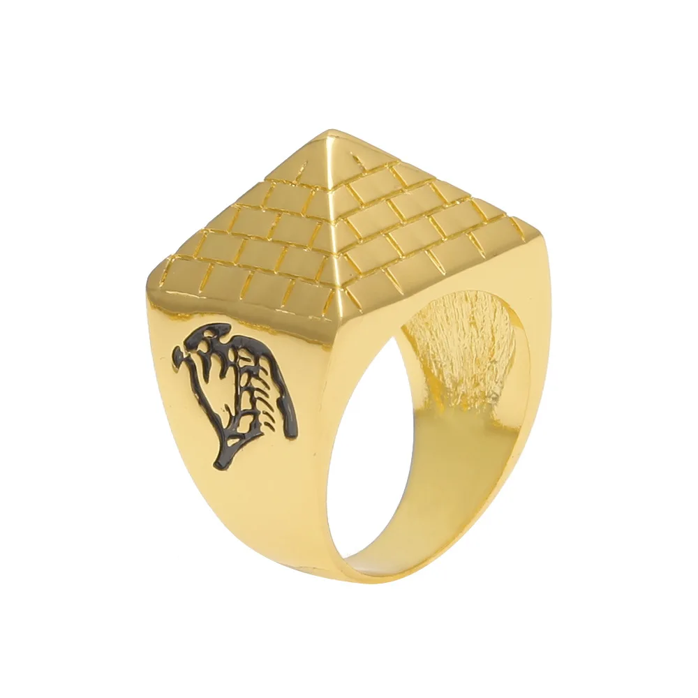 Creative HipHop Stainless Steel Taper Egypt Totem Pyramid Gold Plated Rings for Men