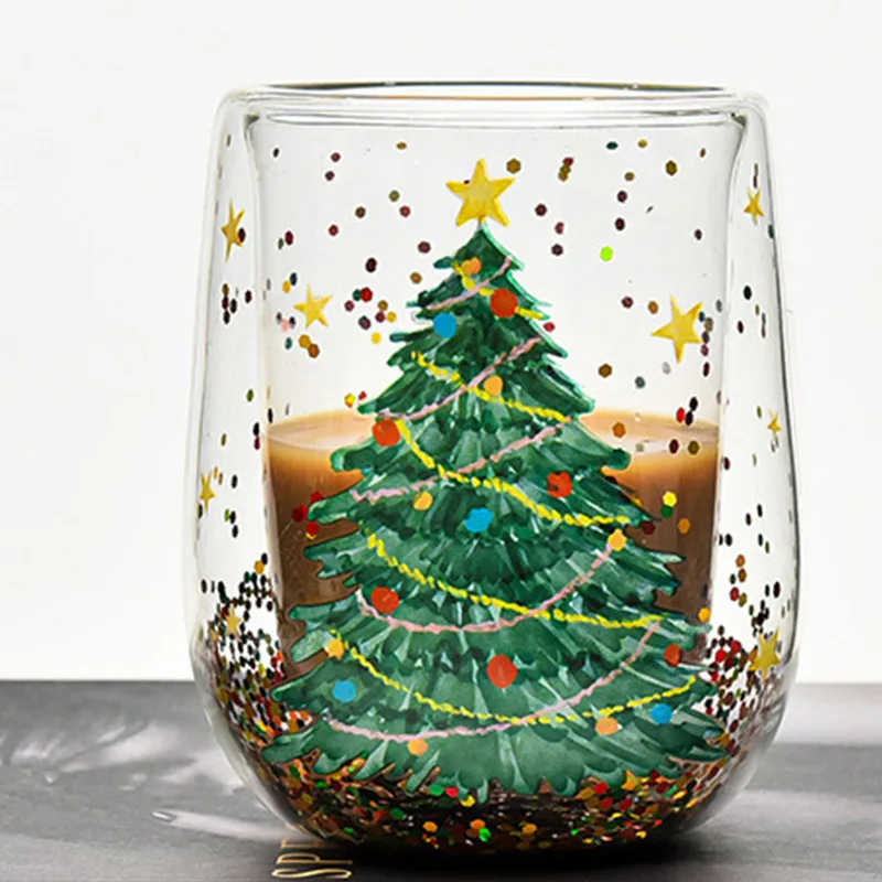 Factory wholesale hand blow new design christmas holiday double wall cup Printing Heat-resistant Flowing Sequins scented candles