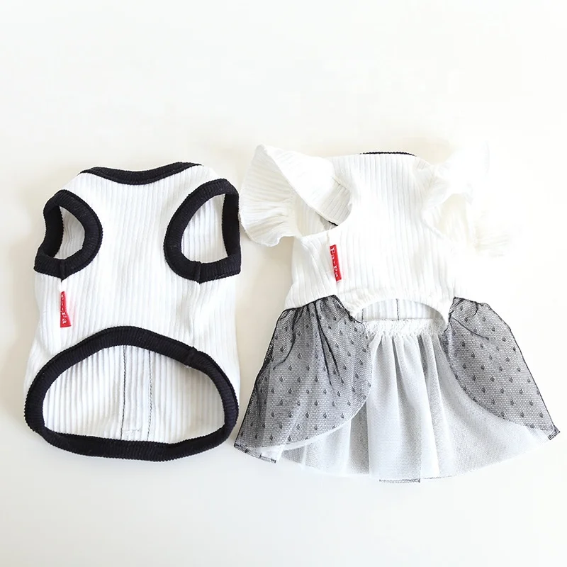 Mesh Printed T Shirts Cotton Vest Pleated Dress Puppy Clothes Summer Shirts Cute Girl Boy Tops Soft Pet Apparel