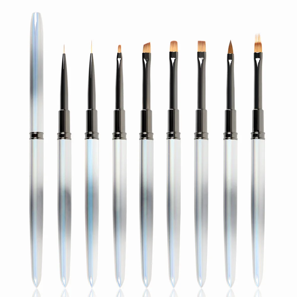 Custom Logo High Quality Nail Art Tools Black White Gradient Metal Handle Acrylic Gel Brush Liner 3D DIY Nail Detail Brush Set