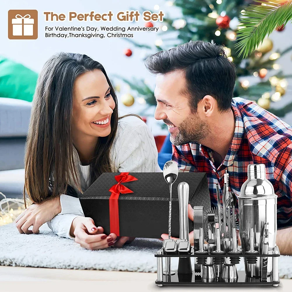 Travel Gift Barware stainless steel bar tool Bartender Kit Bar Accessories Jigger Cocktail Shaker Set with wooden stand