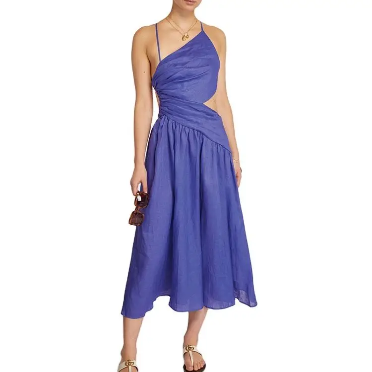fashion wholesale ladies women dress elegant custom designed clothing casual summer linen Asymmetric strap midi dress women