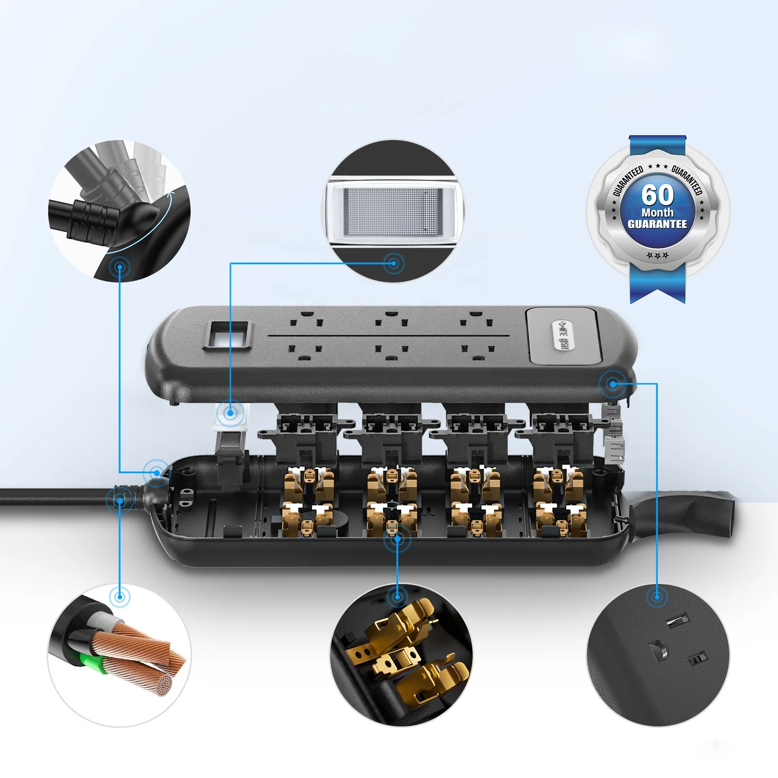 Outlet Splitter with Ground Plug Waterproof Power Strip 6 Outlets 3 USB Ports for Home School Office Travel Black