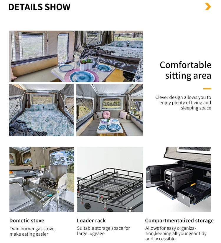 Large Space caravan Camping Travel Camper Trailer with Waterproof Rooftop Tent Kitchen System Electric Generation