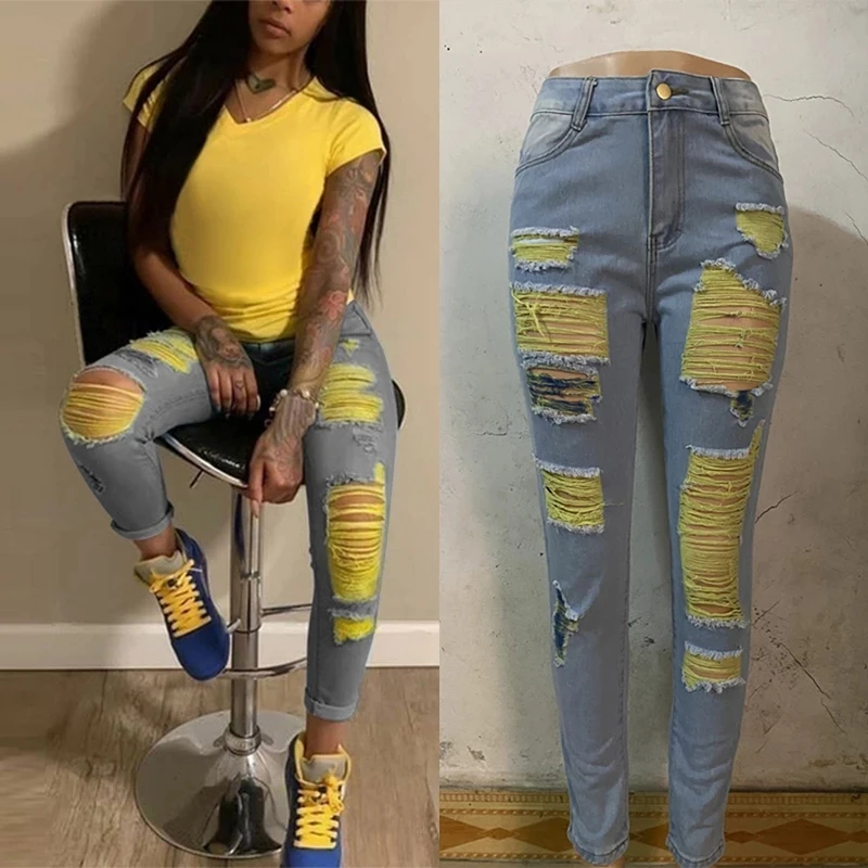 Liluo 2024 New Ripped Jeans For Women Yellow Scratch Denim Pencil Pants High Waisted Stretch Skinny Hollow Out Sexy Female Jeans