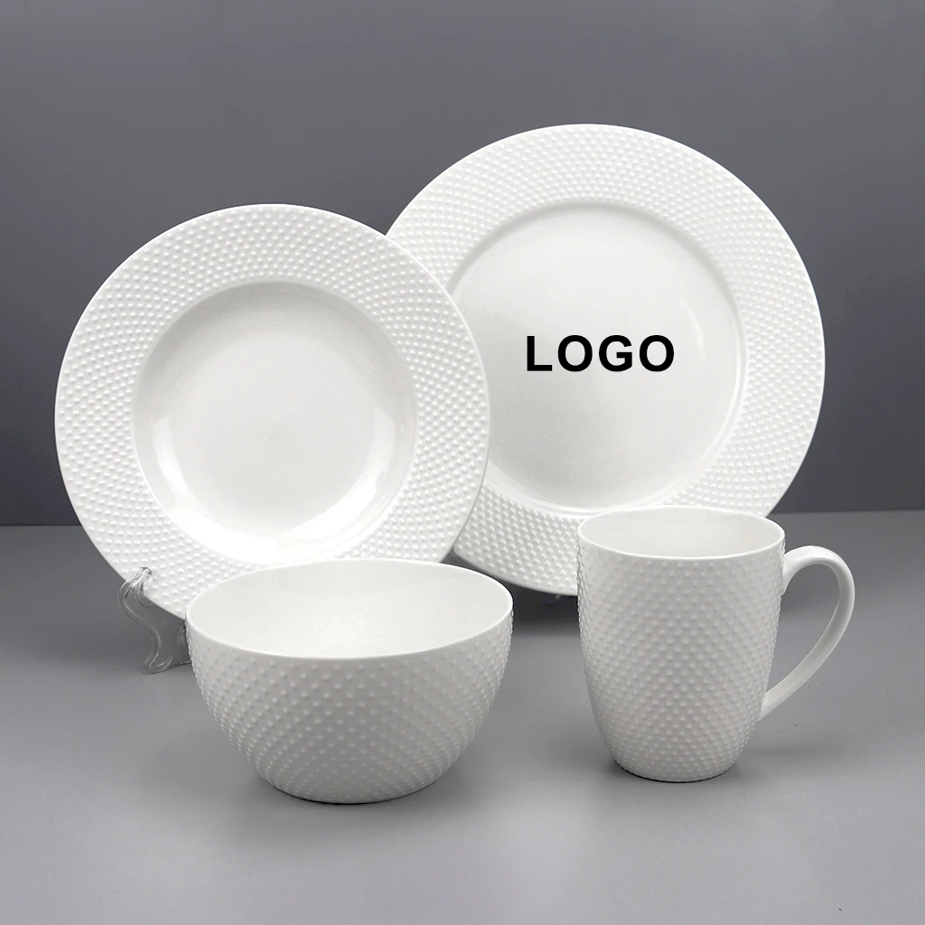 Custom Vajillas Ceramic White Dinner Plates Dinnerware Set Dishes Embossed Food Salad Plate Bowls Set for Restaurant Hotel