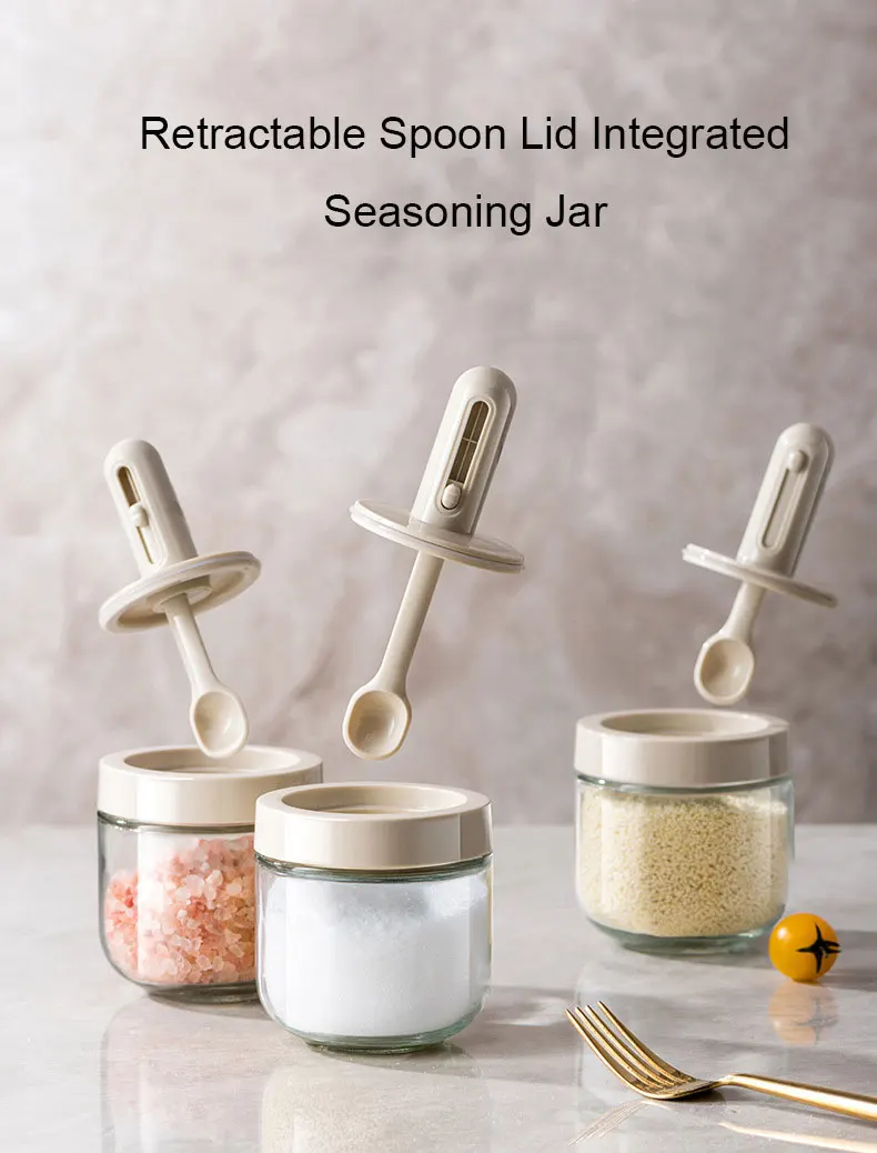 Home kitchen plastic glass integrated spoon cover telescopic spice salt condiment seasoning storage bottle jar
