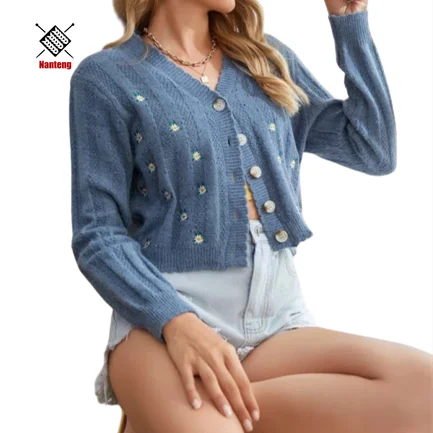 
Custom Daisy Embroidery Long Sleeve Knitwear Mohair Sweater Cardigan Manufacturer 