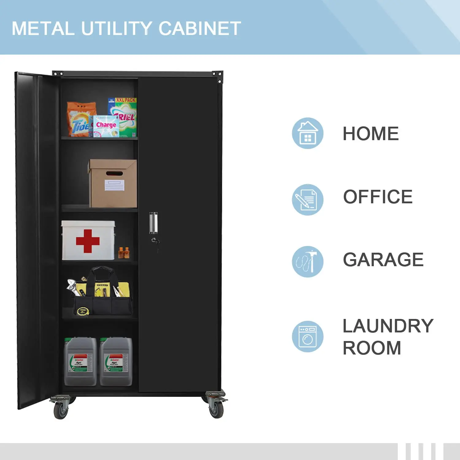 Customize Metal File Storage Cabinet 2 Swing Door Mobile Home Office Tool Steel Cabinet With Wheels And Adjustable Shelves