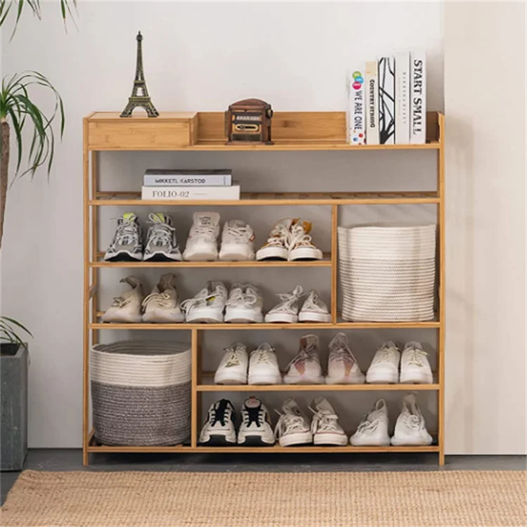 Natural wood household entryway storage box shoe cabinet 5-tier bamboo shoe rack for entryway