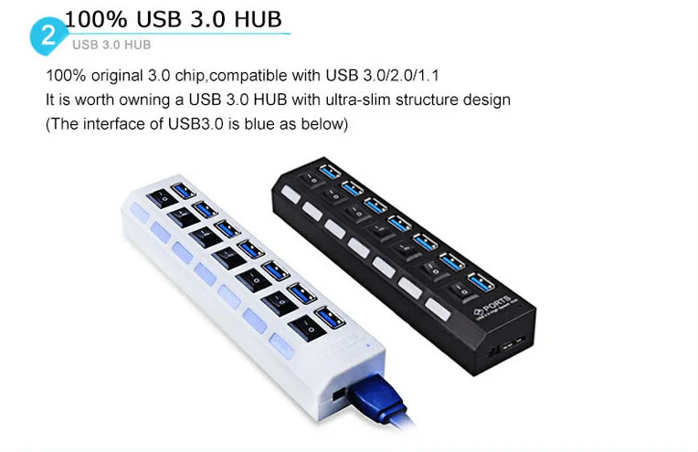7 Port USB 3.0 Hub Individual LED Indicator Switches High Speed 5Gbps USB Extension Hub 7 Ports for PC Laptop