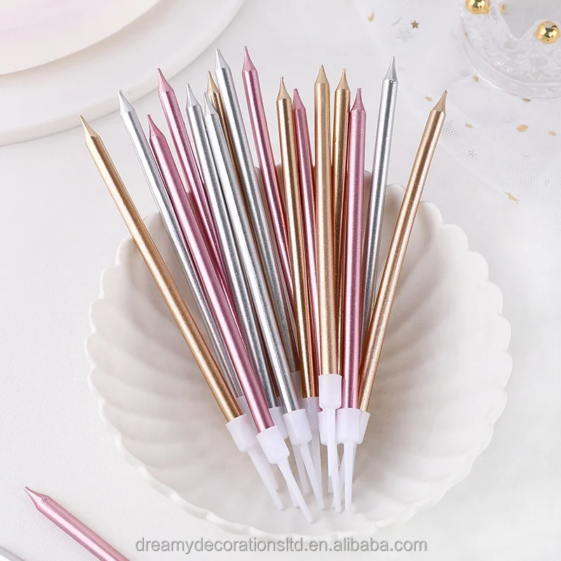 6PCS Stylish Long Thin Cake Metallic Birthday Candles in Holders for Birthday Cakes