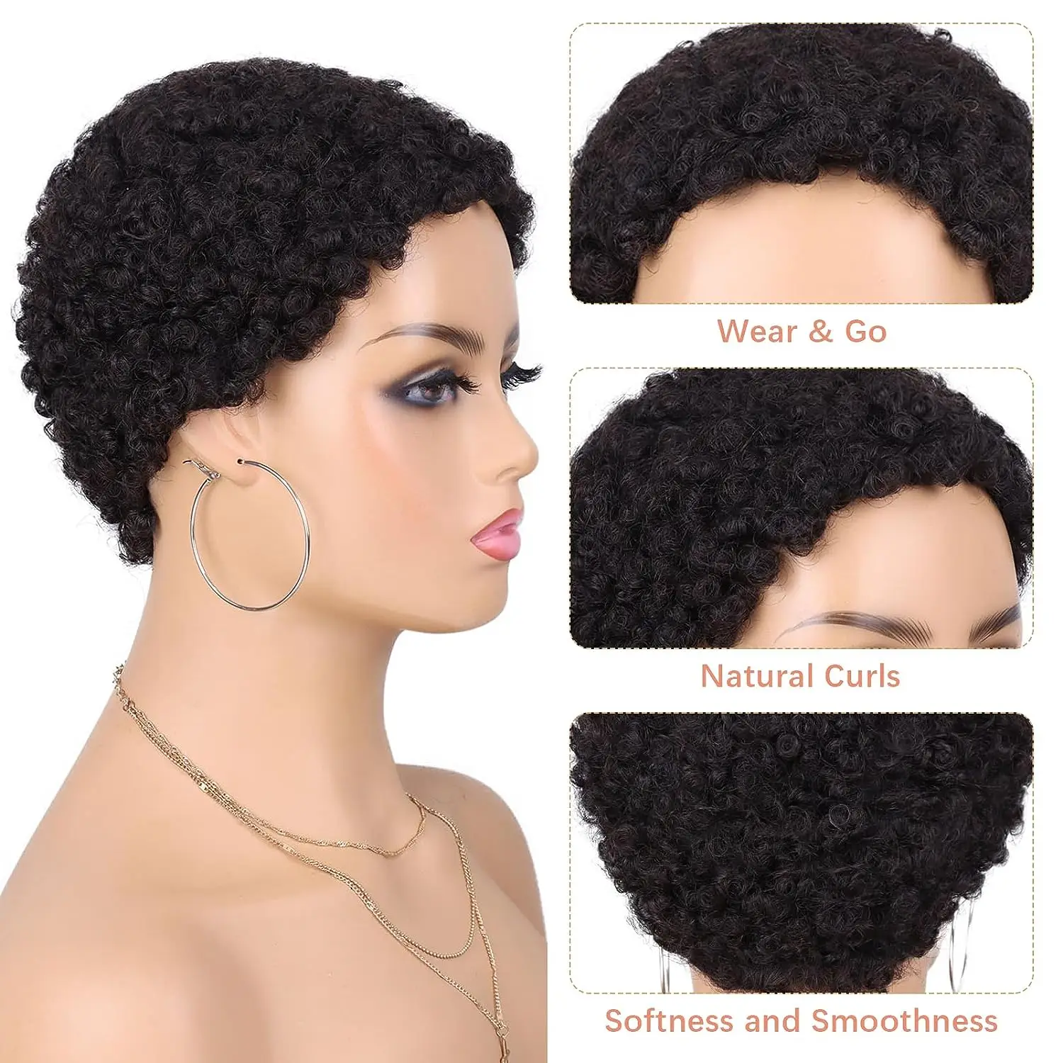 Afro Kinky Curly Human Hair Short Wigs for Women, Full Machine Made Wig Human Hair Pixie Cut Glueless Hair Wig Black Color