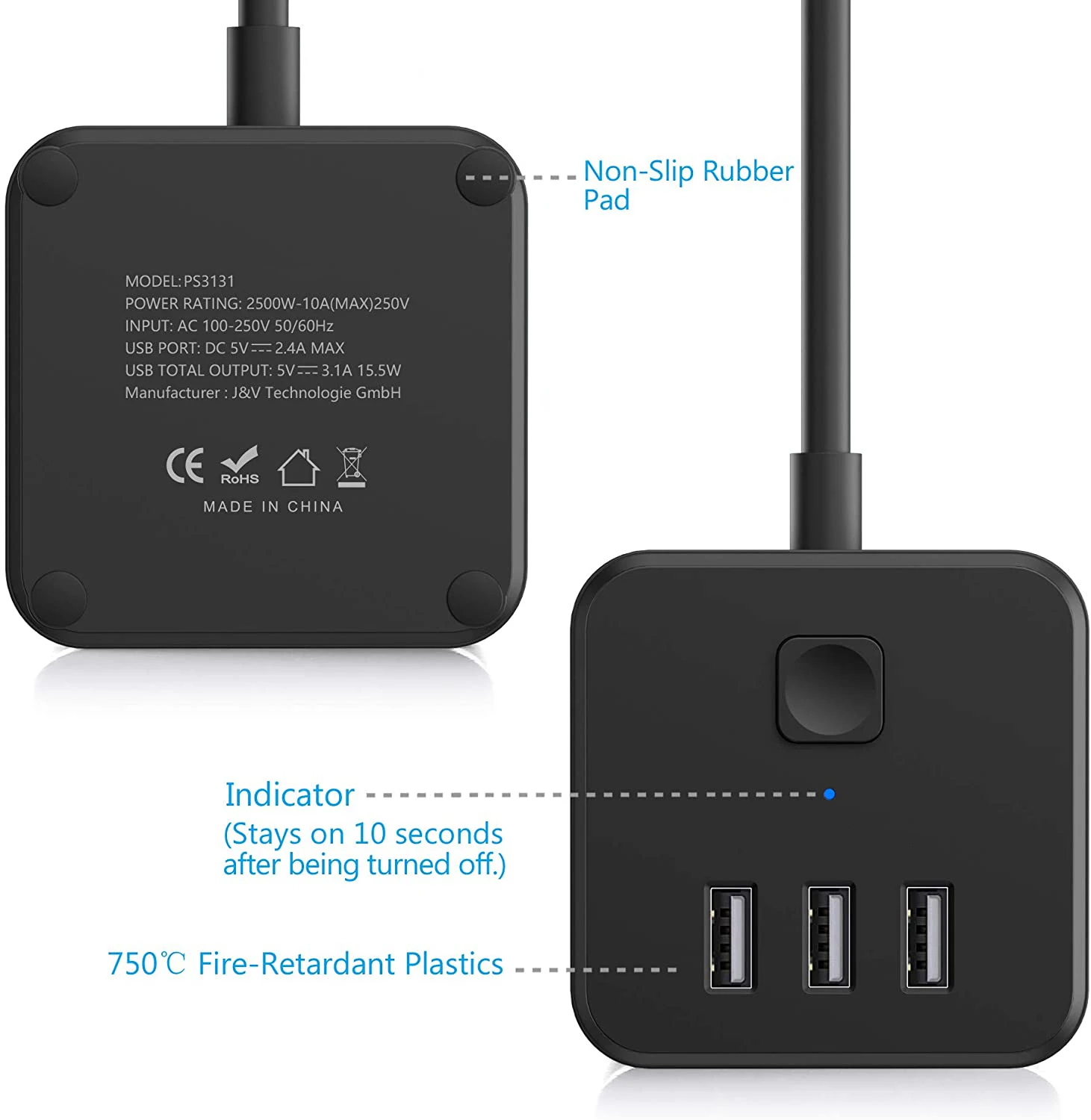 Power Strip with USB/Cube Power Strip 3 Way Socket 3 USB 5V 3.1A Multiple Socket with USB Short Circuit Protection