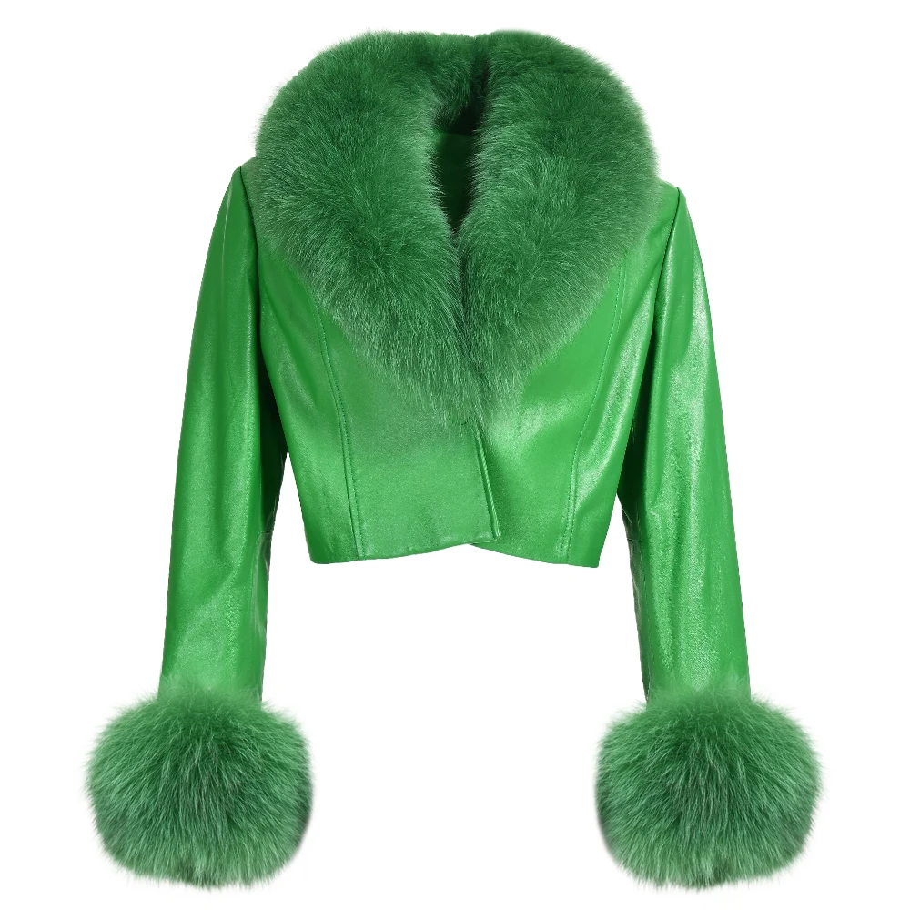 Fashion Spring Autumn Women Natural Sheepskin Lambskin Coat Crop Genuine Leather Jacket With Detachable Fur Collar Cuffs