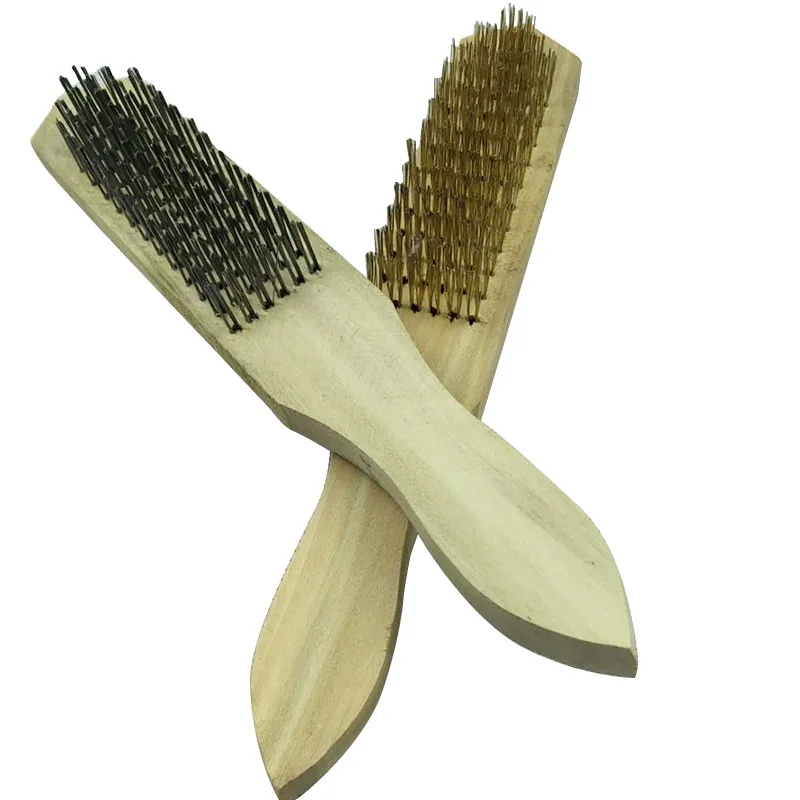 Wholesale 26cm Wooden Handle Brass Plated Brush Steel Brush Metal Rust Removal Cleaning Iron Brush Stainless Steel Wire