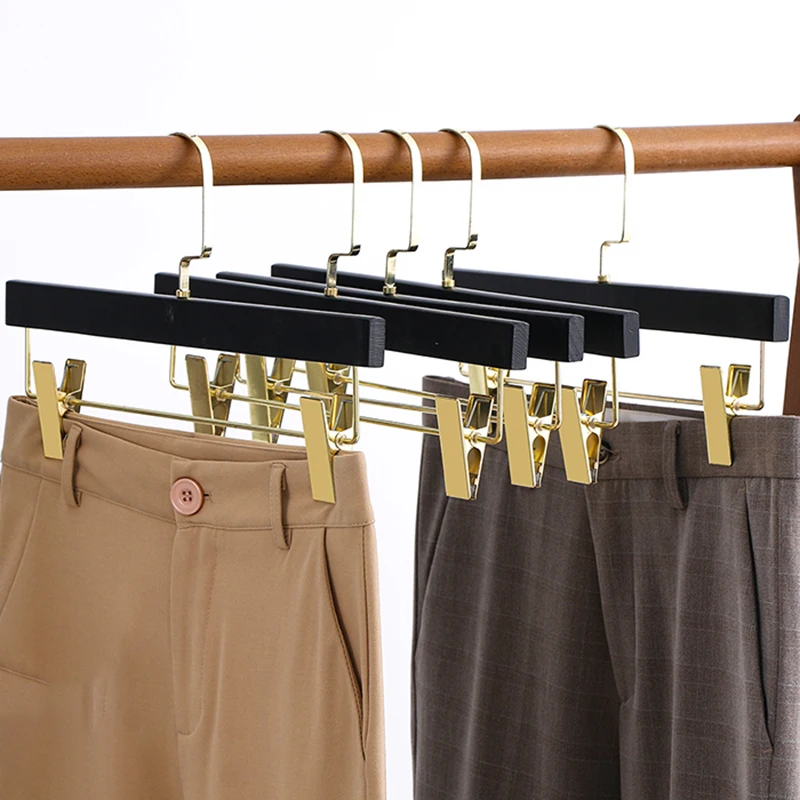 Fashionwooden Pants Slack Solid PantsTrousers hanger with Adjustable Metal gold Clips Customization wood hanger for clothing