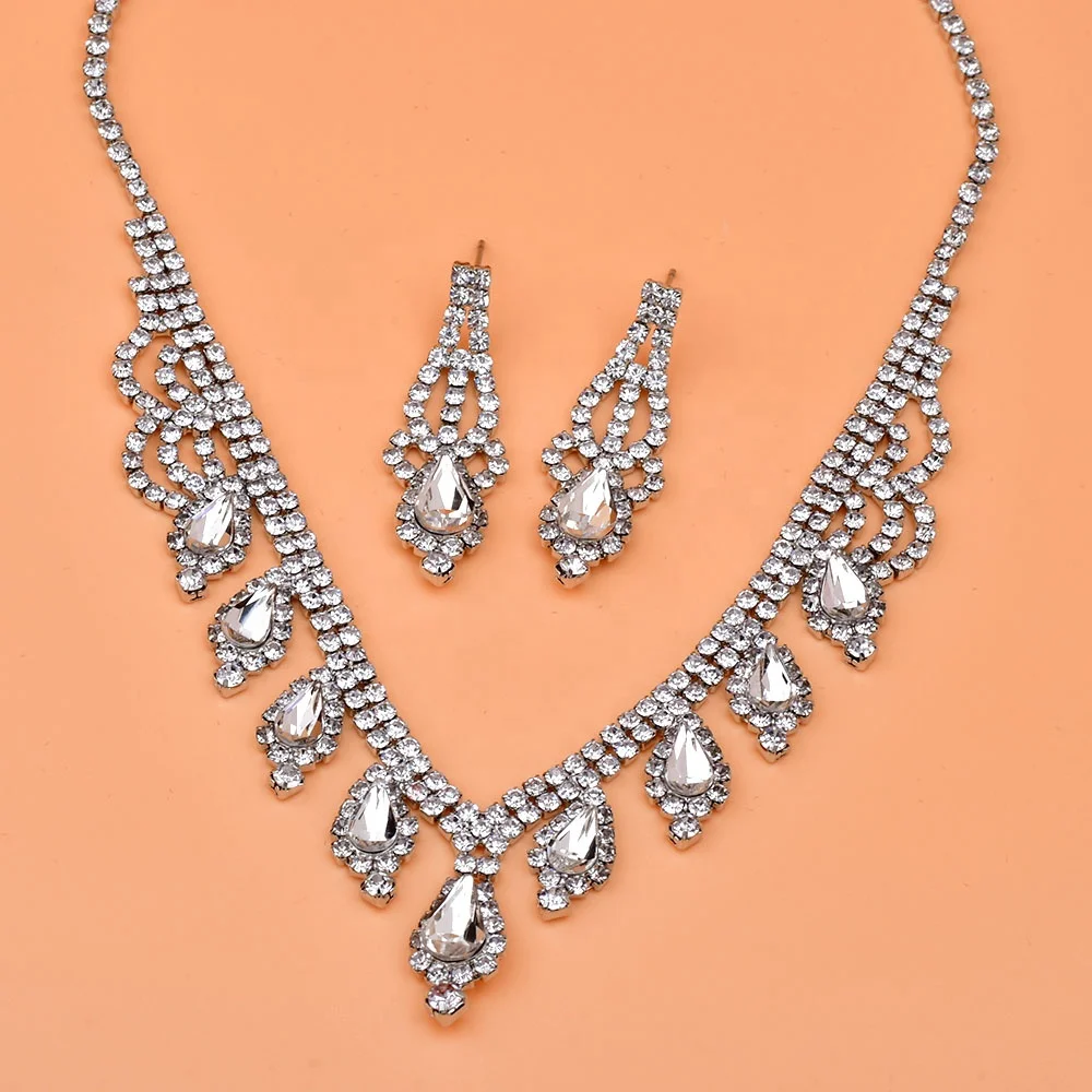  Brand Elegant Rhodium Rhinestone Necklace Earring Jewelry Set Bridal