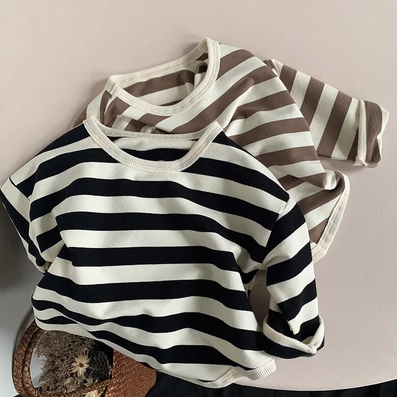 2022 Korean Spring and Autumn Retro Stripe Backing Shirt for Boys and Girls, Long Sleeve T-shirt for Children Aged 1-8