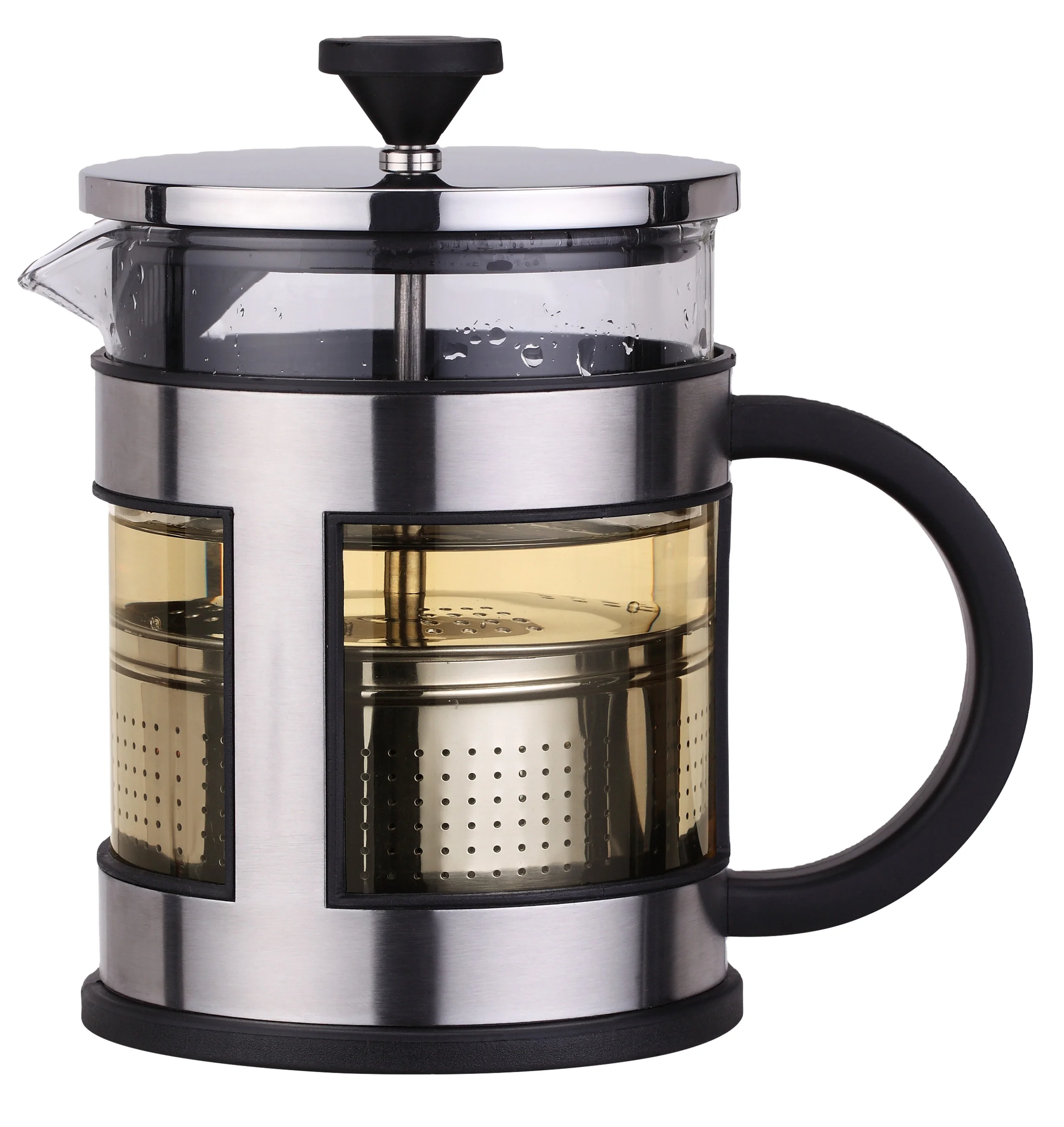 Whole sale borosilicate clear glass tea maker tea press with plunger and stainless steel lid