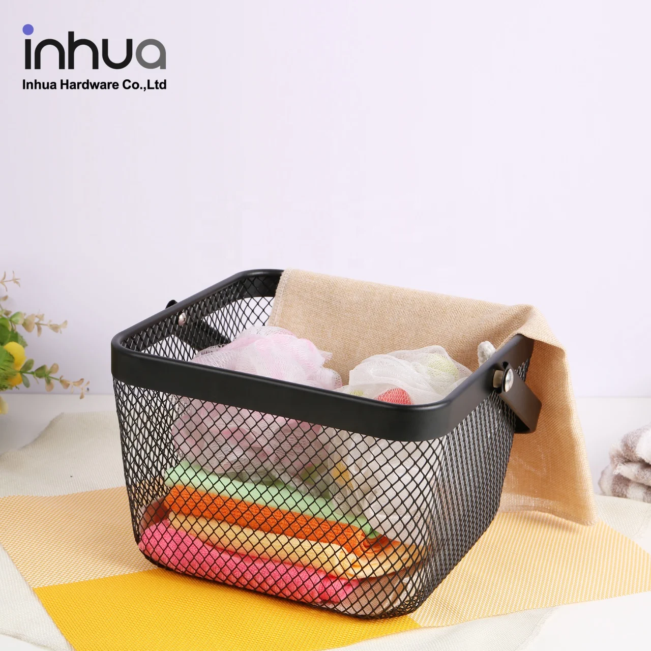 Black portable storage basket wrought iron bathroom laundry basket