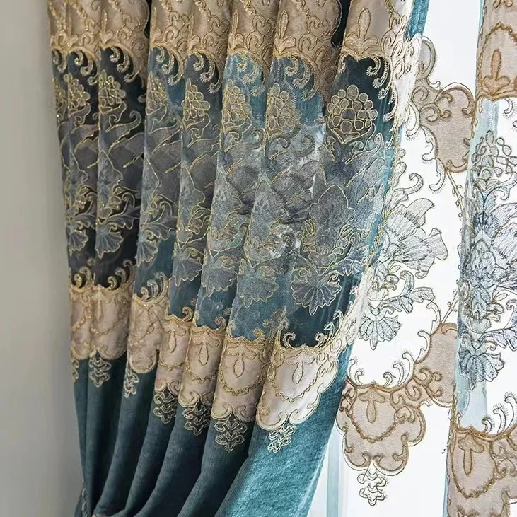 Custom Two Kinds Of Fabric Window Luxury European Embroidered Curtain For Bedroom