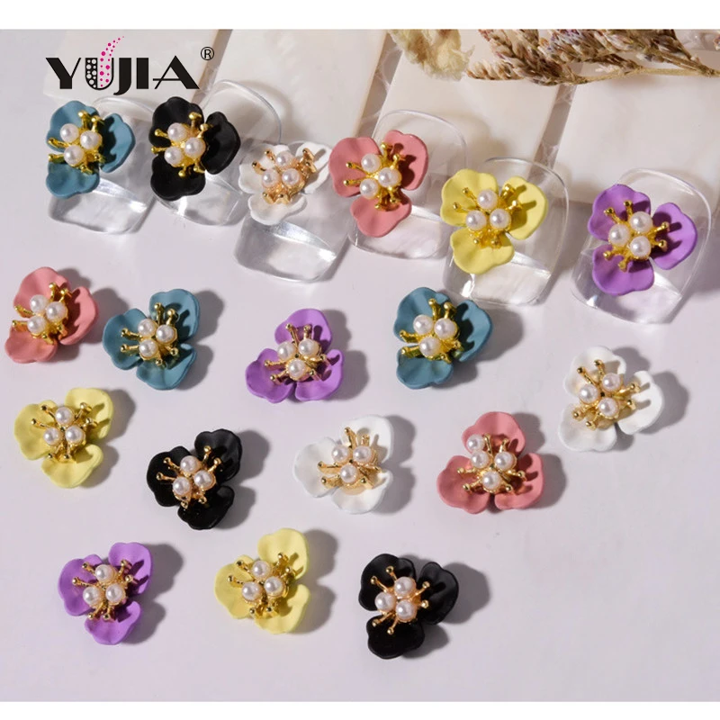 NEW design 6 color nail art three-petal flower pearl jewelry alloy painted metal nail decoration