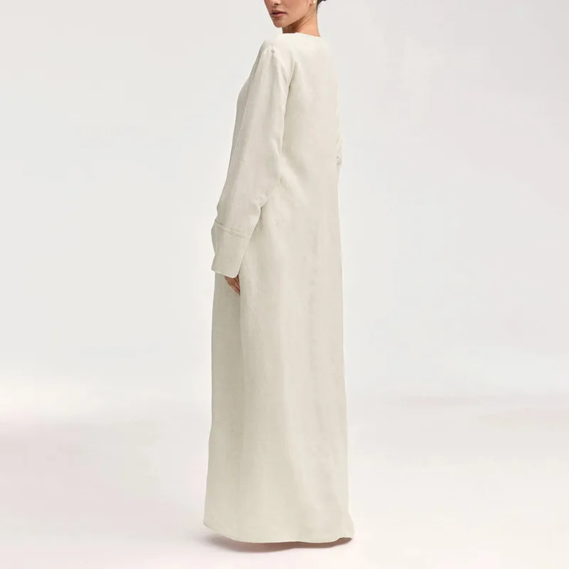Custom 100% natural linen women muslim dress modest abaya solid color full length islamic dubai woman linen abaya button dress