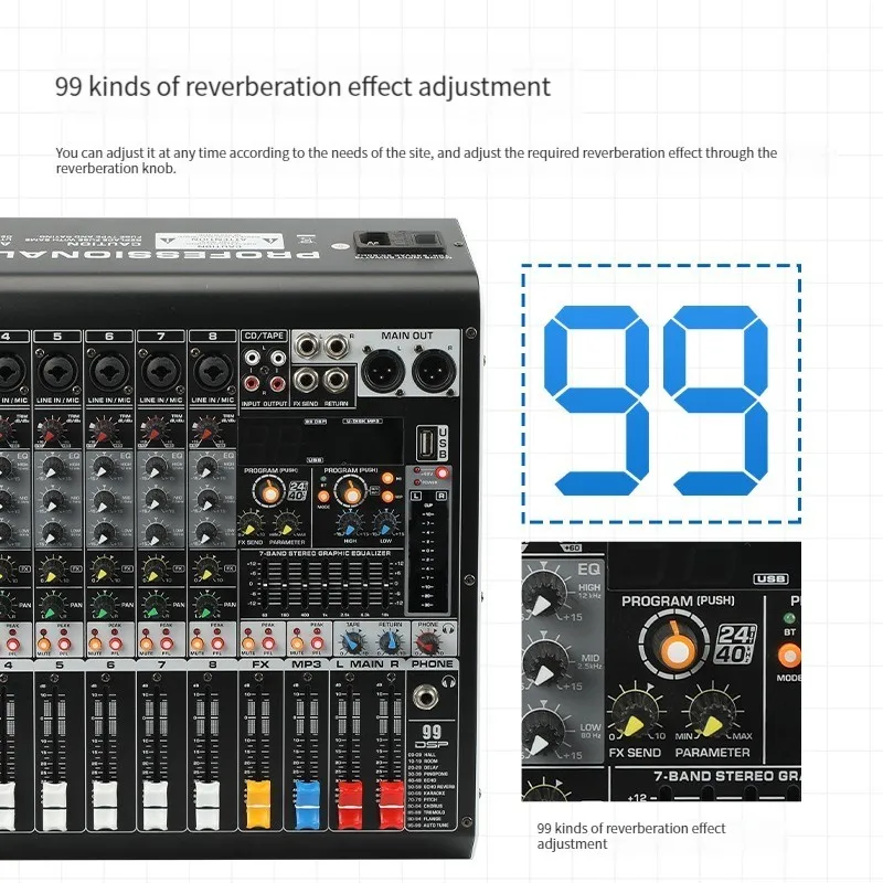 TEBO низкая цена 8 каналов dj контроллер аудио микшер микширование звука 99dsp USB с buletees для студии