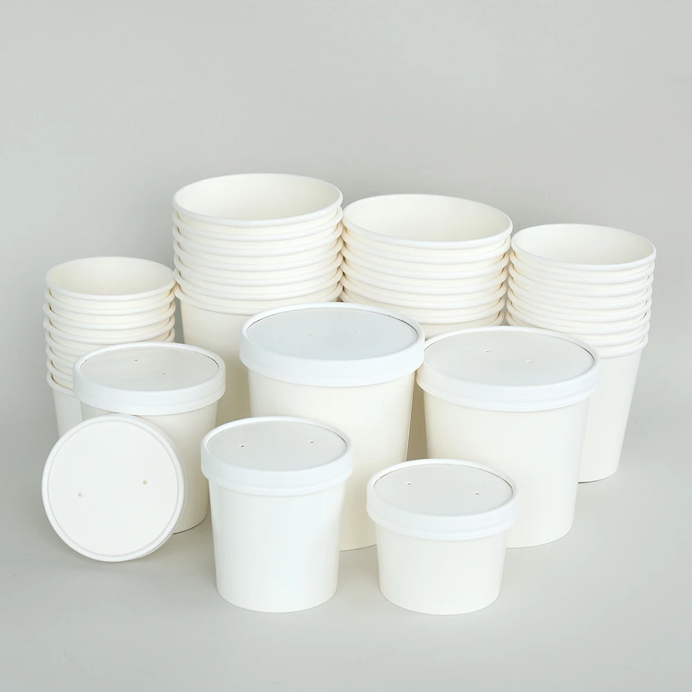 Frozen Dessert Cups Disposable White Paper Ice Cream Bowl Cups Freezer Containers With Lids for Meal Prep Soup