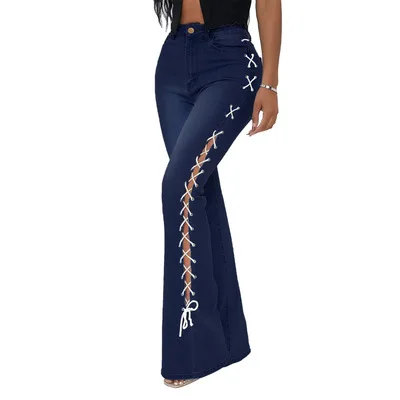 Drawstring Denim Jeans Women Ripped Hole Stretch Jean 2021 Sexy Slim High Waist Ladies Full Length Pencil Pants