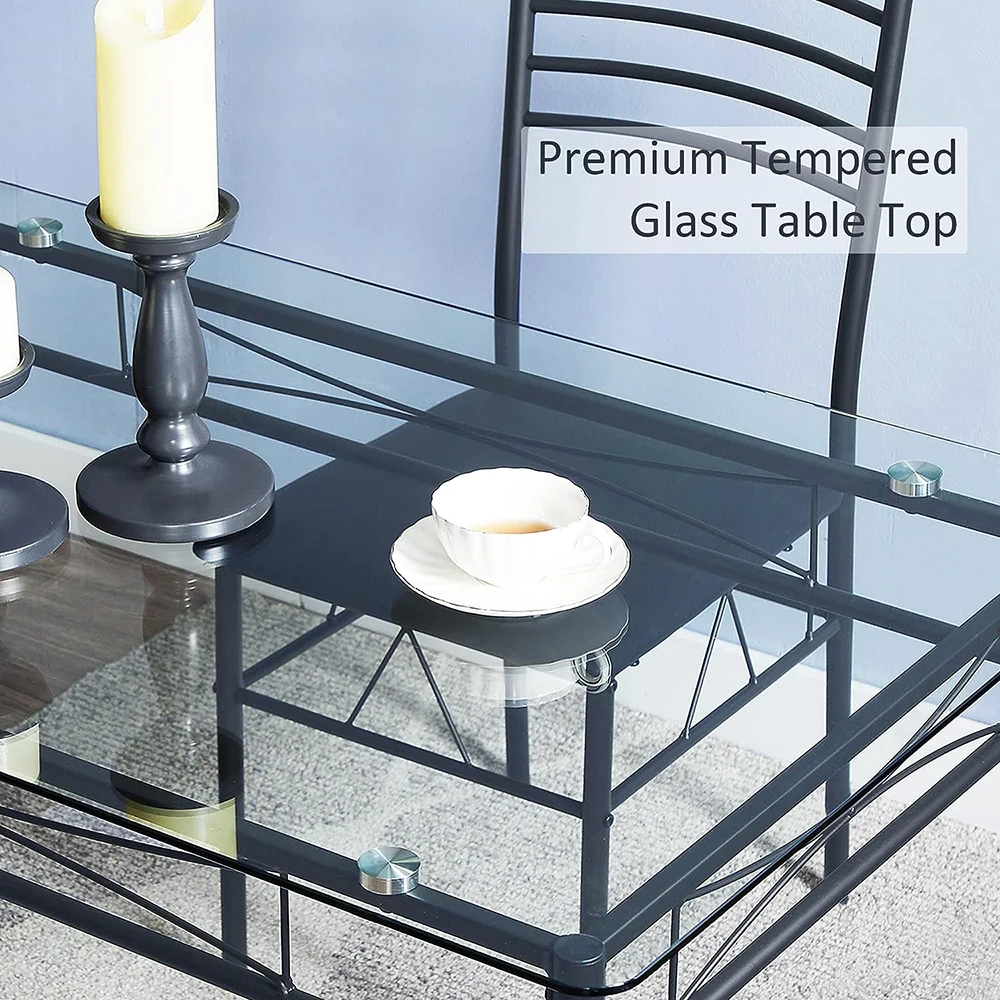 Modern Black Glass Top Dining Table Set with 4 Chairs