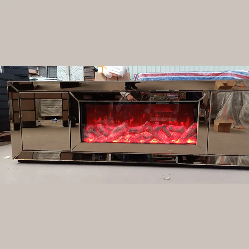 New modern glass bedroom furniture  mirrored silver TV stand unit furniture with fireplace