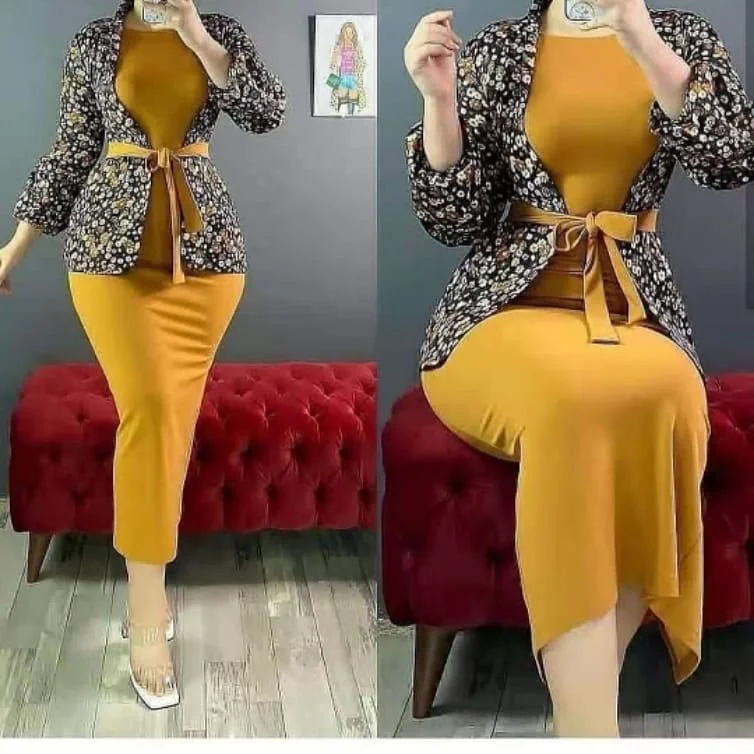 Women Maxi Dress 2021spring summer New Two piece sets Long Sleeve Round Neck tight Plus Size office formal Dress