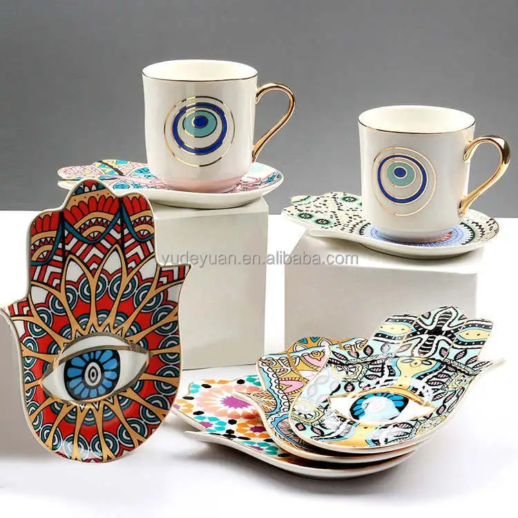 Custom Design Wholesale Gold Rim Handle Turkish Coffee Mug And Saucer Set Ceramic Evil Eye Bulk Tea Cups And Saucers Cheap