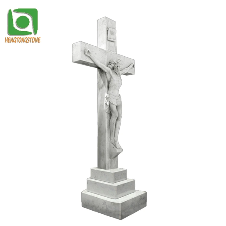 Indoor or Church Decoration Hand Made White Marble Jesus Statue Engraving Cross Design
