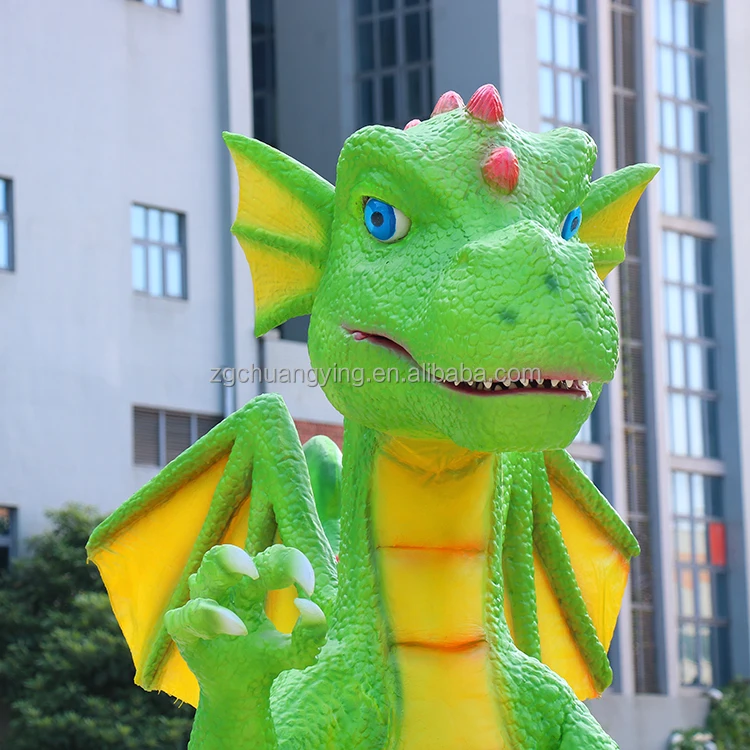 Cute Displays Children Amusement Green Animatronic Cartoon Dinosaur Animal Dragon Moving Sculpture