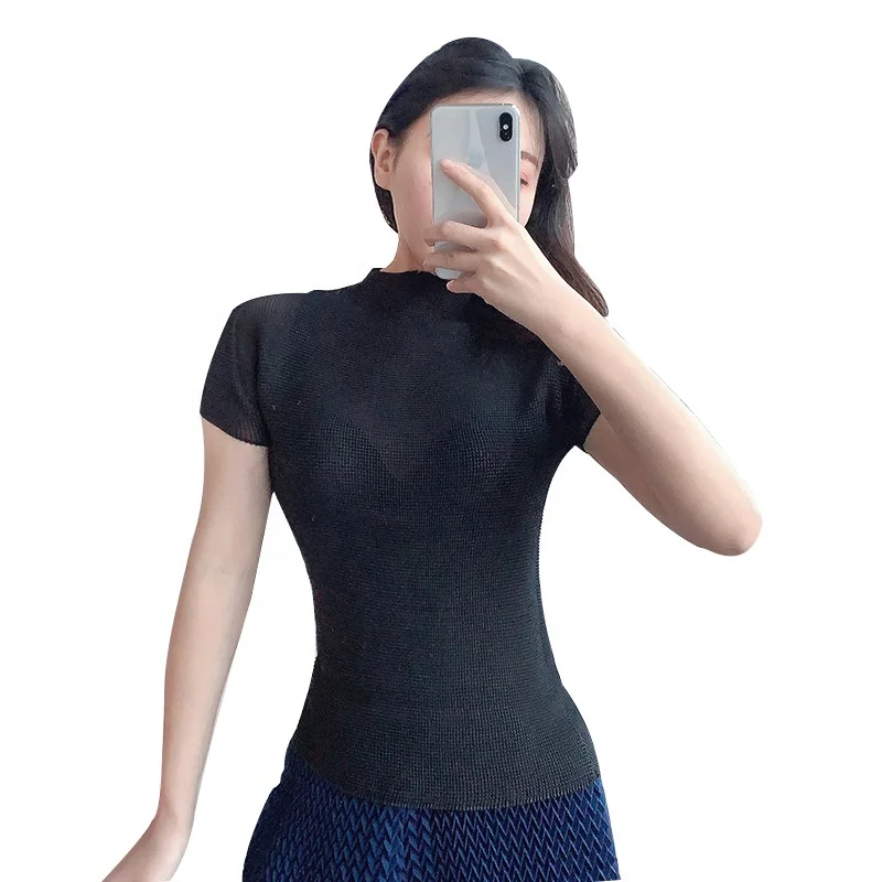 Women summer short sleeves high collar pleated blouse T - shirt