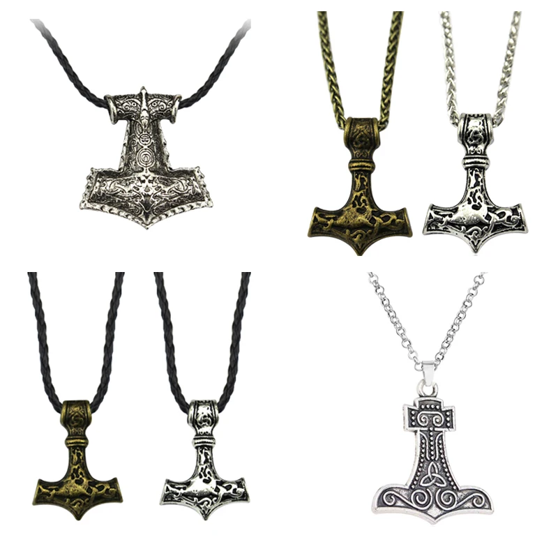 Viking Odin Axe Head Thor Hammer Mjolnir Pendant Norse Jewelry Punk Style Necklace