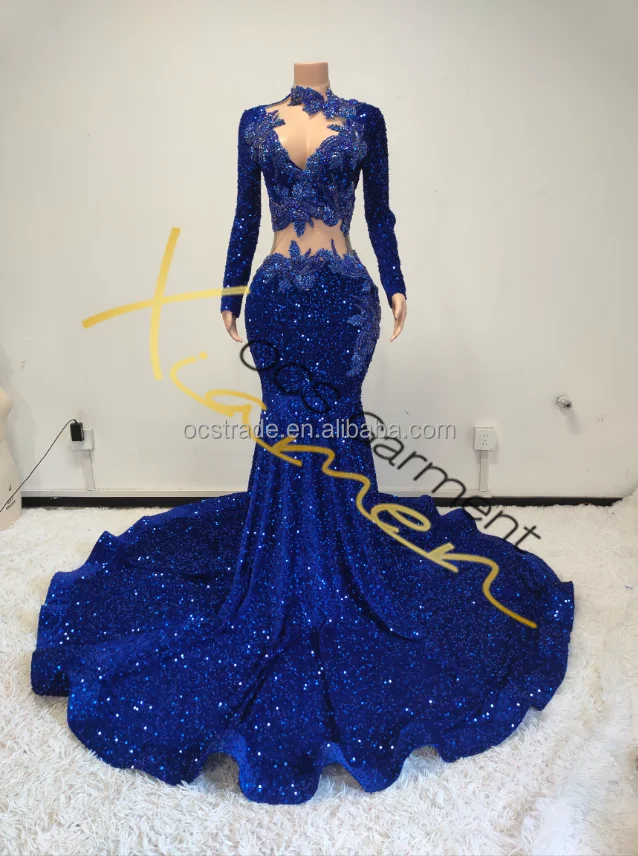 Ocstrade Dropshipping Products 2024 Crystal Beaded Navy Blue Rhinestone Prom Dresses Long Sleeve Sequin Chic Evening Dress