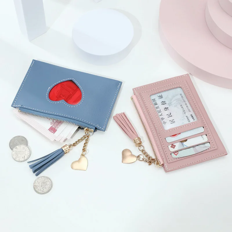 Custom Fashion Girls Simple Hollow Heart Pu Leather Layered Card Holder Zipper Purse