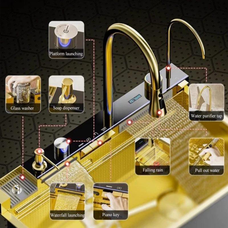 New Trend Golden Nano SUS 304 Automatic Cup Washer 4 Piano Digital Display Waterfall Faucet Kitchen Sinks