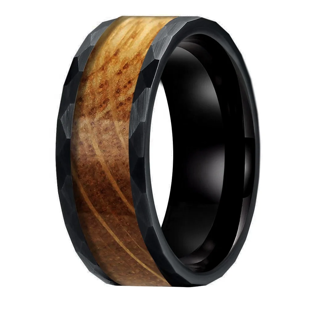 Coolstyle Jewelry 8mm Black Hammered Tungsten Ring Men Women Trendy Wedding Band Whisky Barrel Oak Wood Inlay Matte Comfort Fit