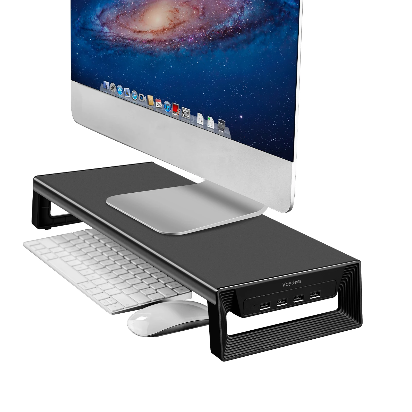 Vaydeer 4 USB Ports Hub Desktop Organizer Computer Screen Base Riser Metal Computer Monitor Stand Riser for imac