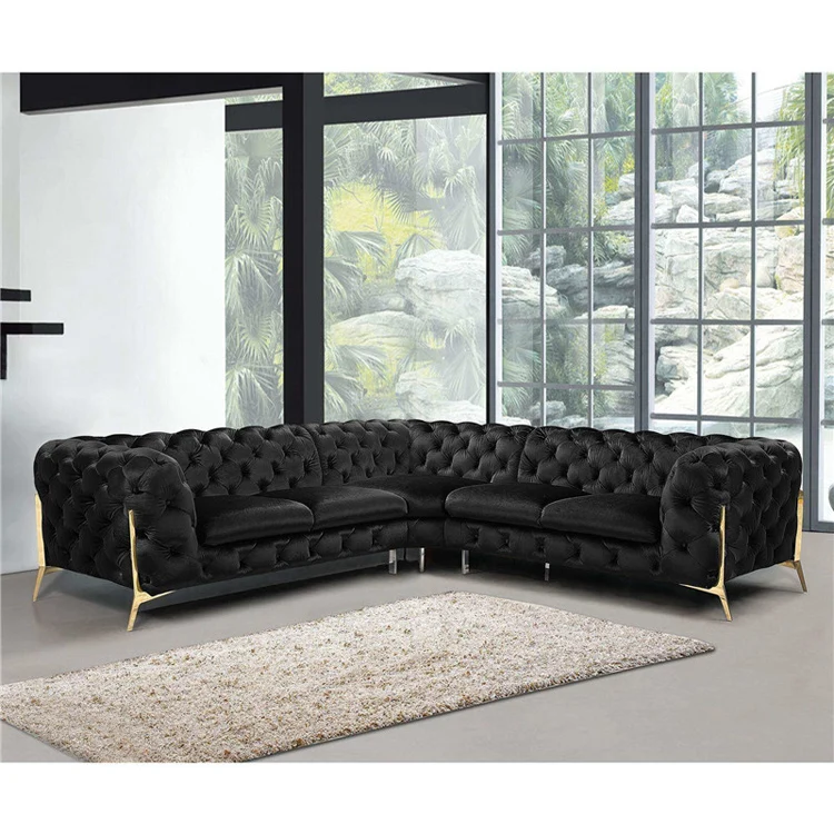 
New design Luxury L shape Velvet Chesterfield Lounge Sofa for Living room furniture With Diamond Button 
