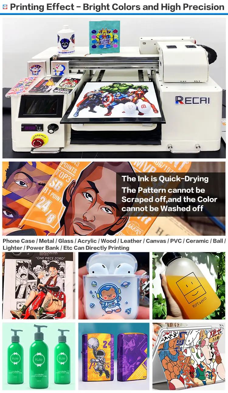 UV Printer Available In All Sizes RECAI A3/A4 1440DPI LED UV Flatbed Printer Wood Bottle PVC Canvas Ball Phone Case UV Printer