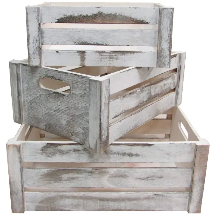 Rustic White Set of 3 Distressed Decorative Wood Crates Storage Container wooden box